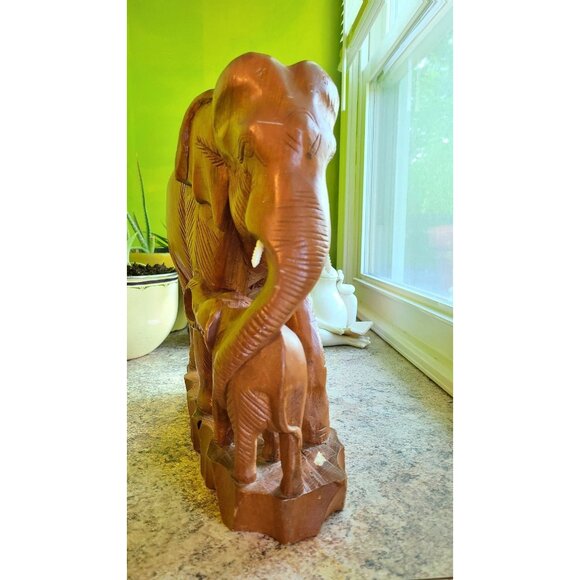 Vintage 1970s Hand Carved Elephant mother and calf - Picture 2 of 12